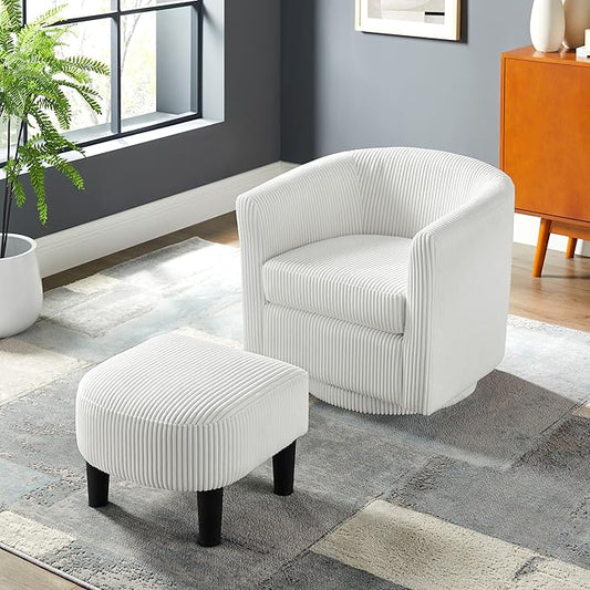 Boucle Swivel Barrel Chair with Ottoman White Sherpa Accent Chair with Curved Backrest &amp Pillow Comfy Upholstered Armchair for Living Room Bedroom Reading Spaces (White)