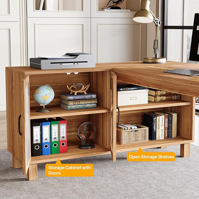 Tribesigns L-Shaped Desk with File Cabinet 59-Inch Executive Office Desk with Storage Shelves Wooden Study Writing Desk Farmhouse Corner Computer Desk for Home Office Rustic Brown