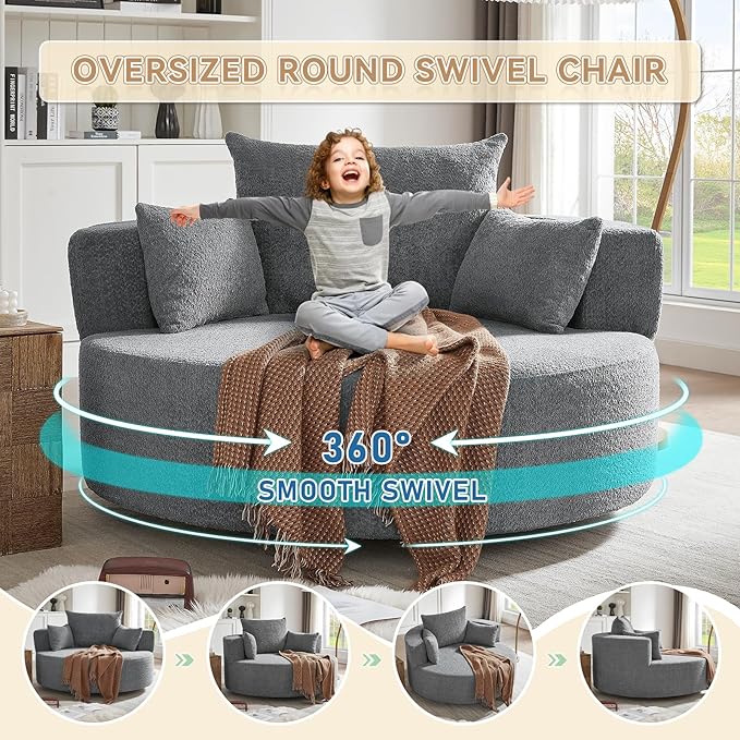 360° Swivel Barrel Chair - Oversized Round Sofa Chair and A Half with Removable Pillows Comfy Modern Upholstered Chenille Deep Seat Circle Chaise Lounge for Living Room Bedroom Office Hotel (Grey)