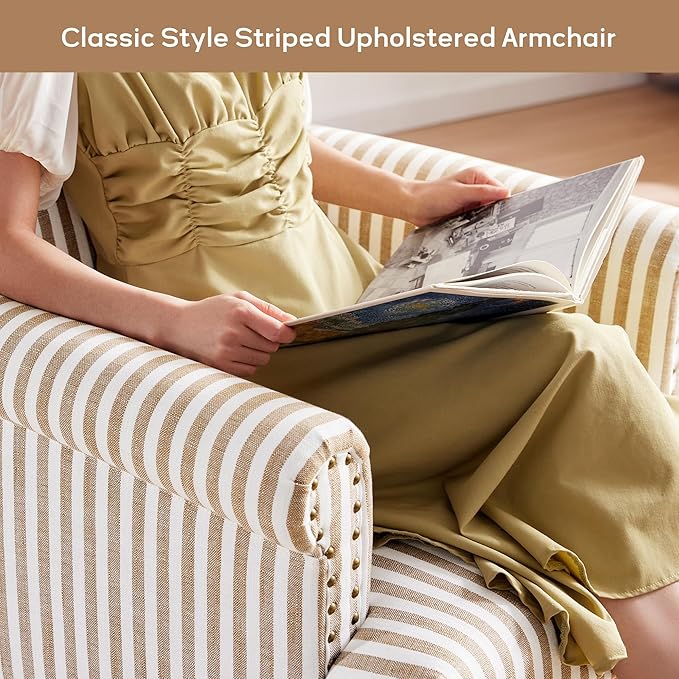HUIMO Linen Fabric Accent Chair Mid-Century Modern Armchair with Solid Wood Legs Single Sofa ChairUpholstered Reading Club Chair (1 Brown and White Stripe)