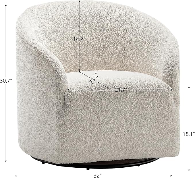 KINWELL 32 Wide Modern Boucle Swivel Barrel Chair No Assembly Round Upholstered Swivel Accent Armchair for Living Room Bedroom Office (White)