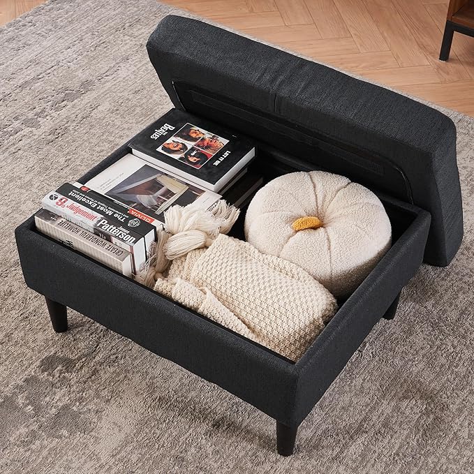 Accent Chair with Ottoman Set Upholstered Armchair with Storage Ottoman Cup Holders &amp Side Pocket Single Sofa Chair with Tufted Detailing for Living Room or Bedroom (Dark Grey)