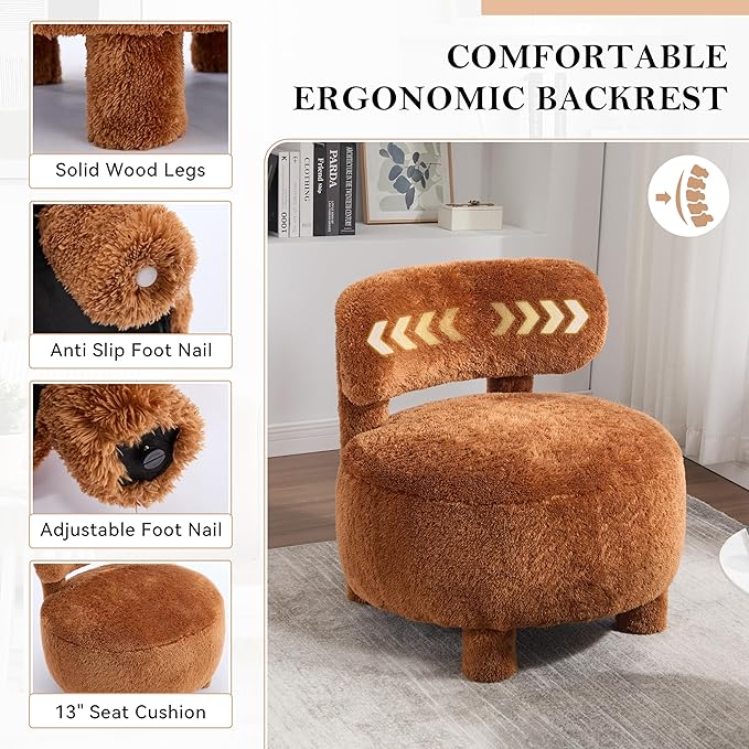 Upholstered Armless Chairs Modern Fur Accent Chair Cute Furry Chairs with Curved Backrest and Solid Wooden Legs for Living Room Bedroom Reading Room Khaki