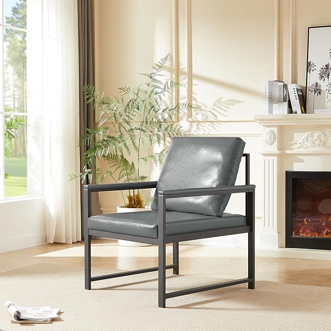 PVC Artificial Leather Armchair Retro Leisure Accent Chair with Extra Soft Padded Cushion Metal Armrests Modern Reading Arm Chair with Black Metal e for Living RoomOfficeBedroomStudy Gray
