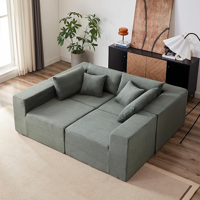 104 Viral Modular Boneless Cloud Couch Deep Seat Memory Foam Compressed Sectional Sofa with ChaiseL-Shaped Corduroy Couch for Living RoomNo Assembly RequiredGreen