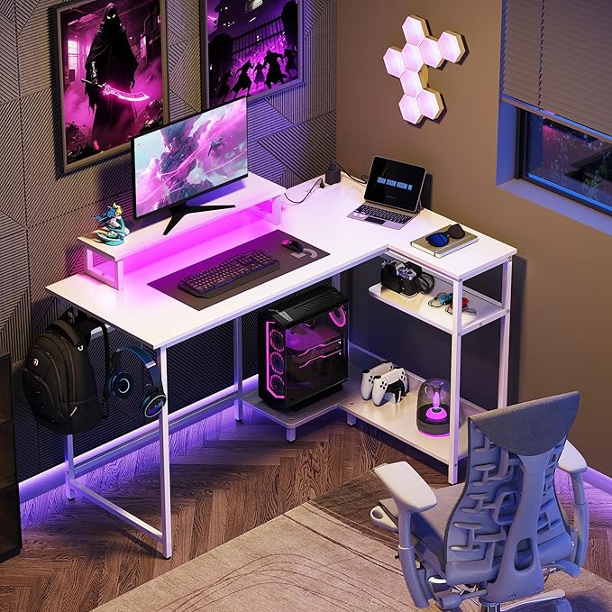 DEVAISE 47 Inch L Shaped Gaming Desk with LED Lights &amp Power Outlets Corner Desk for Small Spaces Sturdy PC Computer Table with Storage for Home Office White