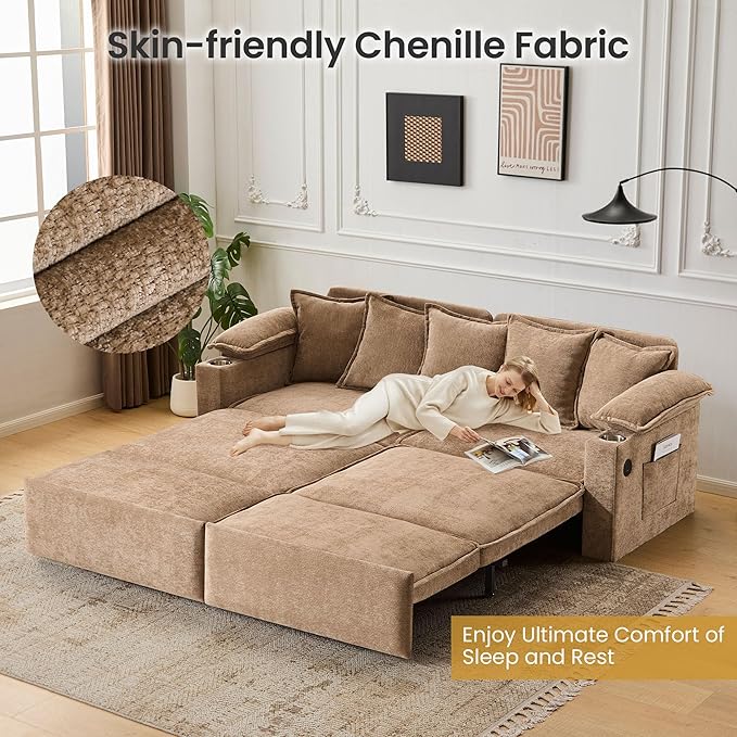 82.7’’ King Size Pull Out Sofa Bed 3 in 1 Convertible Sleeper Sofa Bed with Futon Sofa  Chenille Loveseat Couch Bed with USB Ports and Storage Pockets for Living RoomBedroom Pet-Friendly (Khaki)