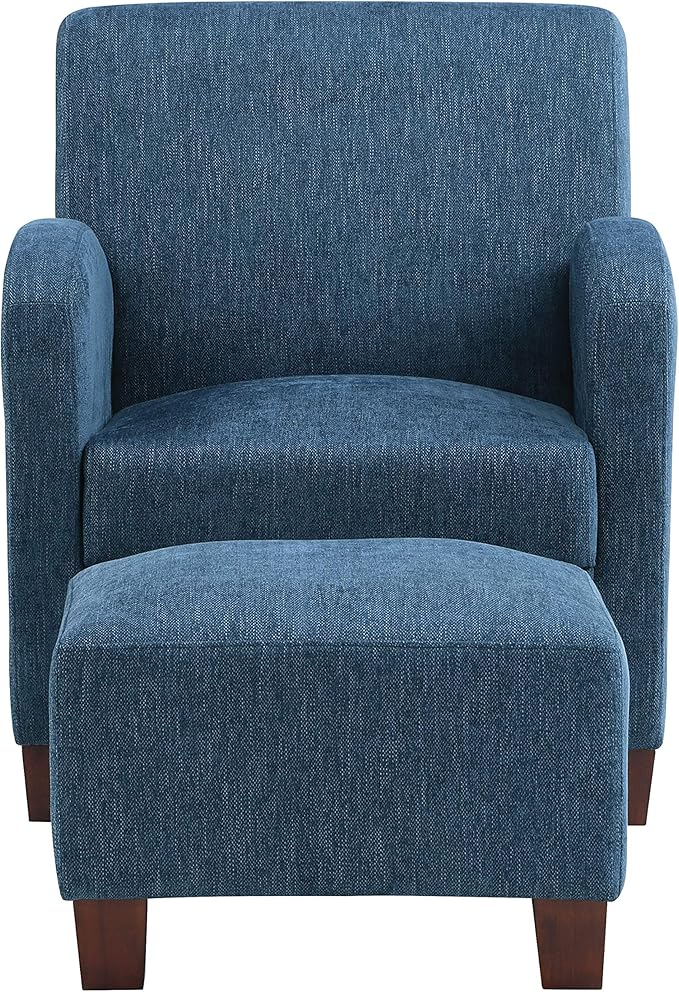OSP Home Furnishings Aiden Club Accent Chair and Matching Ottoman with Medium Espresso Legs Herringbone Navy Fabric