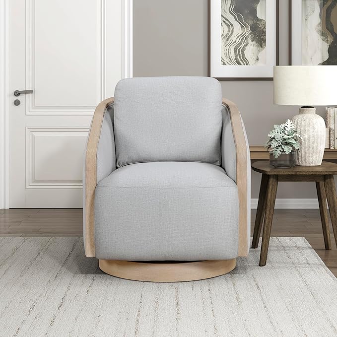 Lexicon Modern Swivel Accent Chair with Light Oak Ceruse Bentwood Base Textured Fabric Upholstered Lounge Chair Reversible Back Cushion for Living Room/Bedroom/Office Fully Assembled Gray