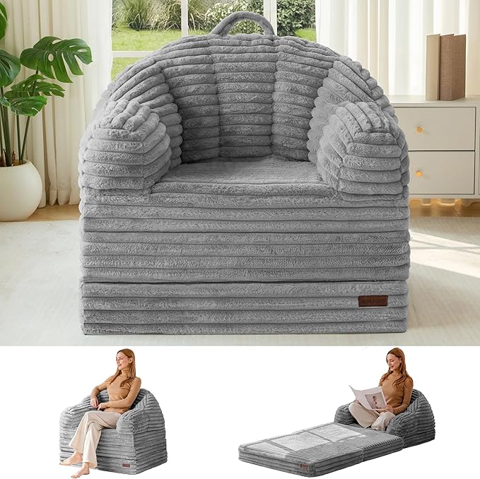 MAXYOYO Folding Sofa Bed 2 in 1 Convertible Sofa to Lounger Comfy Faux Fur Bean Bag Chair for Adults Floor Single Sleeper Couch Chair with Handle Couch Bed for Living Room Bedroom Grey