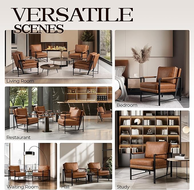 Yaheetech PU Leather Armchairs Retro Leisure Accent Chair with Extra Soft Padded and Cushion 105 Degree Slant Back Modern Reading Arm Chair for Living Room/Office/Bedroom/Study 2pcs Light Brown