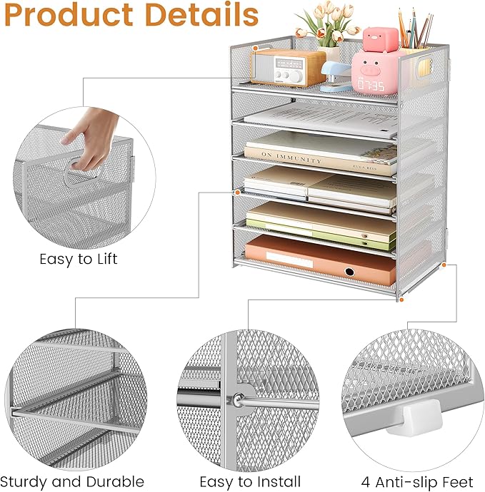 Subekyu 6-Tier Desk Paper Organizer Desktop File Letter Tray with Handle Document Sorter and Accessories Holder for Office Home and School Workspace Organizers Silver - 2 Pack
