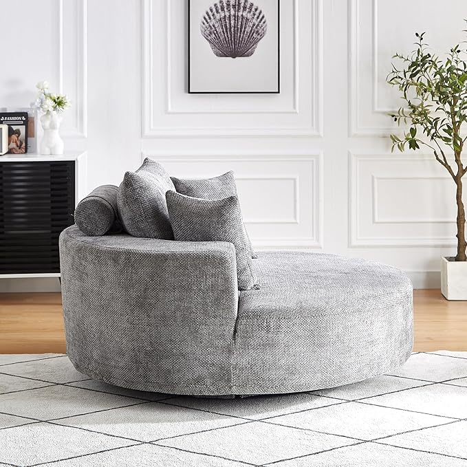 KEIKI 55 Oversized Swivel Accent Chair Large Barrel Chairs Upholstered Round Swivel Chair Chenille Single Sofa Armchair Sleeper Chair for Living Room Lounge Grey