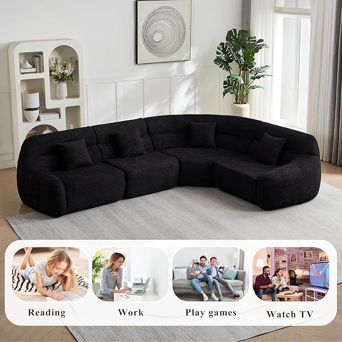 123 Oversized Boneless Chenille Curved Corner Sectional Sofa Modern Luxury 4 Pillows Modular Cloud 4-Seater Sofa High-Back Couch for Living Room (Black)