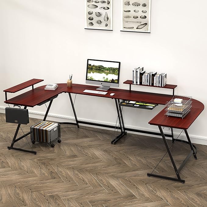 SHW 51 x 51 Inches Vista L-Shaped Desk with Monitor Stand and Drawer Cherry