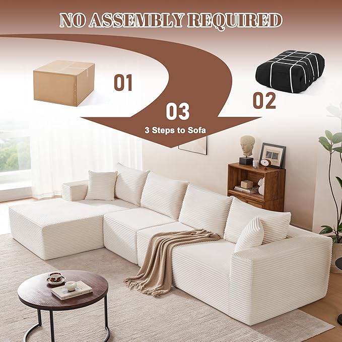 140” Cloud Sectional Couch Modular Sectional Sofa with Deep Seat Boneless Sofa for Living Room Fluffy Comfy L-Shaped Couch with Left Facing Chaise No Assembly Required Beige