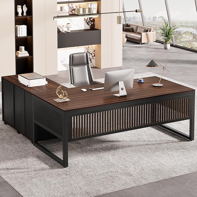 Tribesigns 63-Inch Executive Desk Large Office Desk with Mobile File Cabinet Modern L-Shaped Computer Desk Business Furniture with Door Storage Cabinet for Home Office Dark Walnut &amp Black