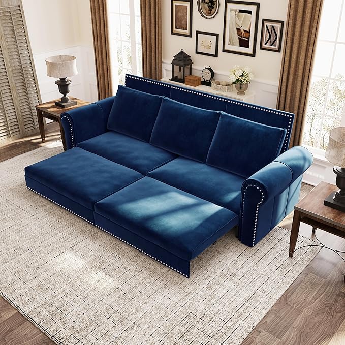 Ball &amp Cast 3-in-1 Convertible Sofa Bed93.7 Velvet Pull Out Couch Bed King Size Loveseat Sleeper Sofa with Nailhead Trim &amp Rolled ArmMulti-Functional Sofa Couches for Living RoomBlue