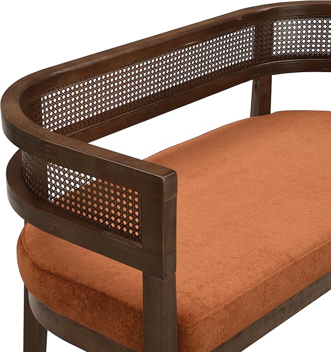 Christopher Knight Home Xiza Modern Fabric Upholstered Loveseat Sofa with Rubberwood Frame Comfy 2-Seater Sofa Couch and Rattan Backrest Love Seat Couches for Living Room Dark Orange + Walnut