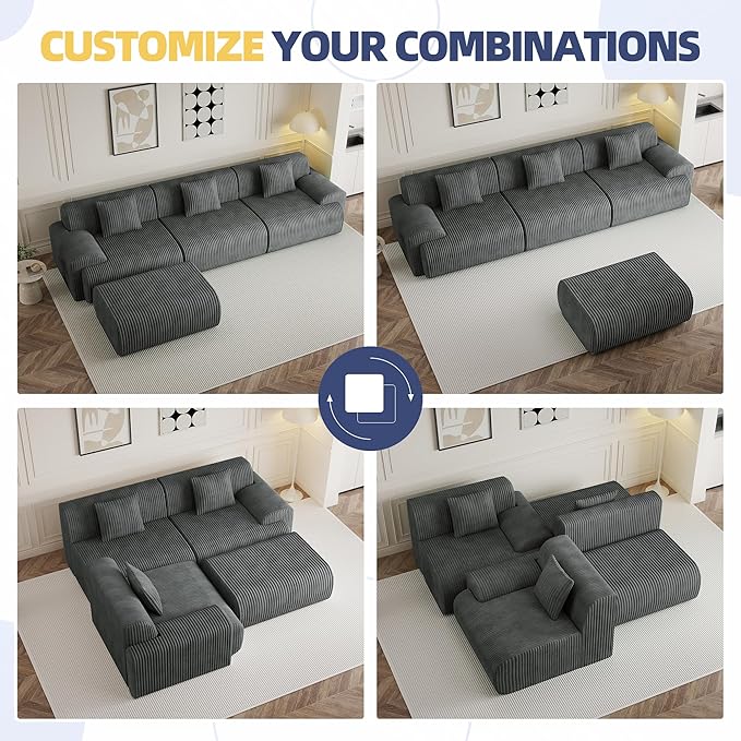 118 Modern L Shaped Modular Sectional Sofa Boneless Cloud Couch with Ottoman Oversized Corduroy Couch Deep Seat 30D Sponge for Indoor Living Room No Assembly Required(Gray)