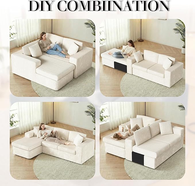 Shintenchi 105 Modular Sectional Sofa Boneless L Shaped Couch with Deep Seat Cloud Foam Couch with Oversized Chaise Plush Corduroy Sofa No Assembly Needed for Living Room Beige
