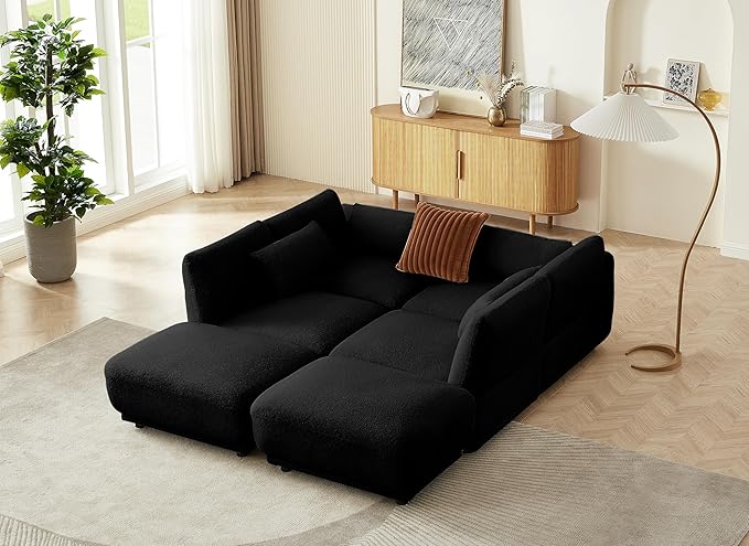 U Shaped Cloud Sectional Convertible L Shaped Couch with Removable OttomansModular Cloud Couch Sectional for Living Room (4 Set + 2 Ottomans - Black)