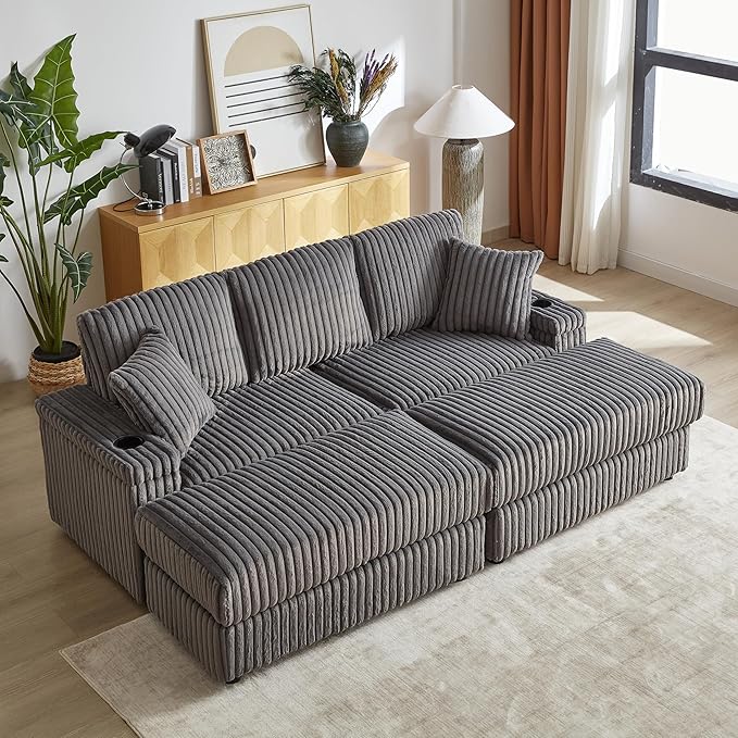 Aoowow 84 Corduroy Oversized 3-Seater Sofa with 2 Ottomans Modular Sectional Deep Seat Sofa with Back and Toss Pillows Modern Comfy Sofa with 2 Storage Spaces and Cup Grooves for Living Room Grey