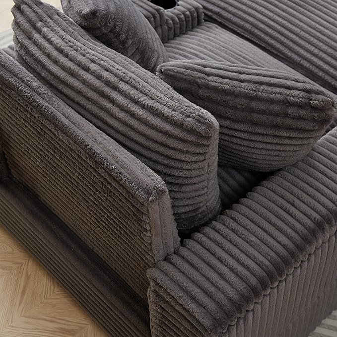 Corduroy Upholstered Chaise Lounge Sofa with Movable Ottoman and Cupholders43.3 w Oversized Singel Chair Convertible Sleeper Sofabed with Detachable Cushions Deep Seat for Living Room Office