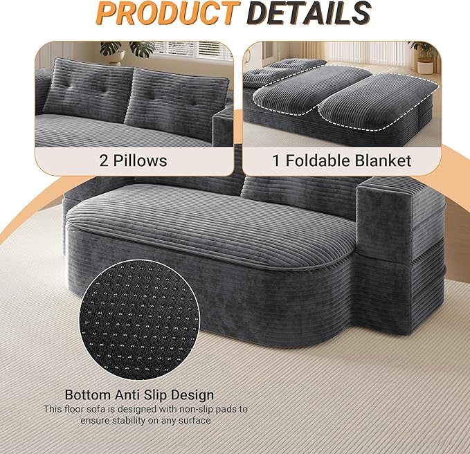 78.7'' Convertible Sleeper Sofa Corduroy Floor Foam Sofa Couch Love Seat Sleeper Bed Modern Folding Futon Couch Foldable Full Size Guest Bed with 2 Pillows and Blanket for Living Room (Dark Gray)