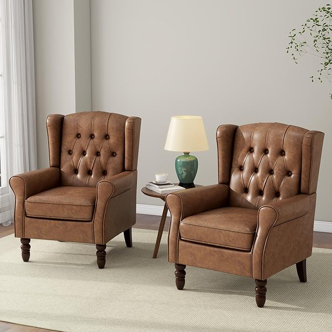 Accent Chair Upholstered Armchair with Button Tufted High Back &amp Solid Wood Legs Comfy Wingback Reading Single Sofa Chair for Small Spaces Living Room Bedroom (Leather Brown Set of 2)