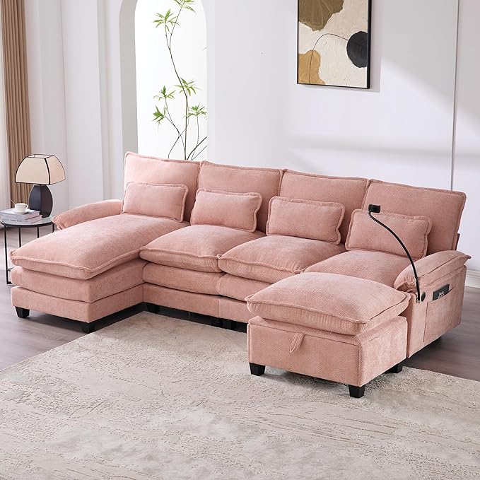 U Shape Modern Modular Sectional Sofa Cloud Couch with Storage Ottoman 4-Seat Upholstery Chenille Deep Seat Sofa with Charging Port for Living Room Pink