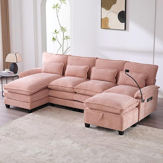 U Shape Modern Modular Sectional Sofa Cloud Couch with Storage Ottoman 4-Seat Upholstery Chenille Deep Seat Sofa with Charging Port for Living Room Pink