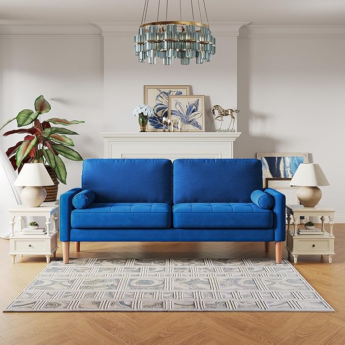 67 W Modern Velvet Loveseat Sofa Mid Century Modern Decor Love Seat Couches for Living Room Button Tufted Upholstered Small Couch for Bedroom Easy to Install Love Seats Furniture (Blue)