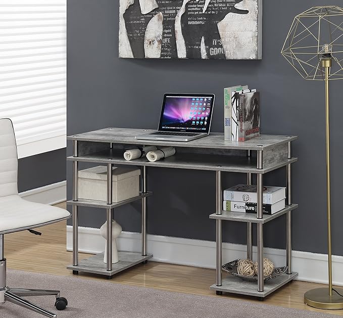 Convenience Concepts Designs2Go No Tools Desk Home Office Desk with Shelves Corner Shelf Vanity Desk Computer Desk Nail Table for Nail Tech - 47.25 L x 15.75 W x 30 H Faux Birch