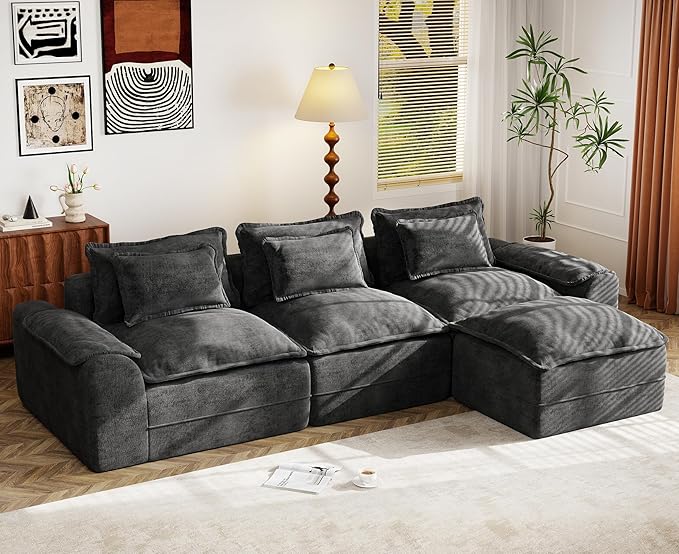 Hobestluk 120 Cloud Modular Sectional Couch 3-Seater Sofa with Ottoman L Shaped Sofa with Removable Cover Large Sofa Couch for Living Room (Dark Grey 3-Seater Sofa with One Ottoman)