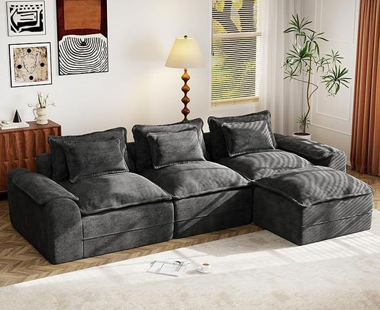Hobestluk 120 Cloud Modular Sectional Couch 3-Seater Sofa with Ottoman L Shaped Sofa with Removable Cover Large Sofa Couch for Living Room (Dark Grey 3-Seater Sofa with One Ottoman)