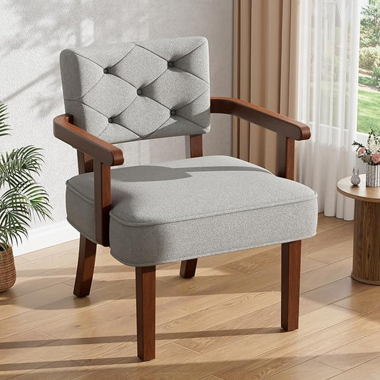 Versatile Side Arm Chair Small Modern Accent Chair Upholstered Wooden Armchair Corner Chair with Arm RestTufted Backrest Cushion for OfficeWaiting/Reading/Living Room Grey