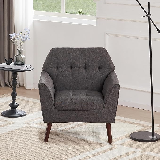 Kingfun Accent Chairs for Bedroom Midcentury Modern Accent Arm Chair for Living Room Linen Fabric Comfy Reading Chair Tufted Comfortable Sofa Chair Upholstered Single Sofa Grey