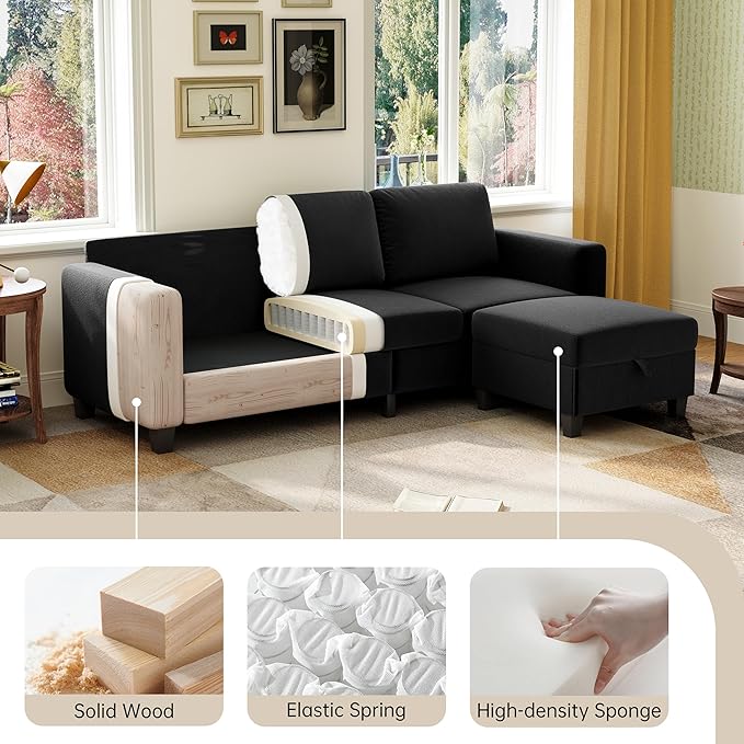 78 Sectional Sofa Couches for Living Room Black Convertible L Shaped Couch with Storage Ottoman Deep Seat Pet-Friendly Velvet Fabric Sofa Set for Small Space Apartment Dorm