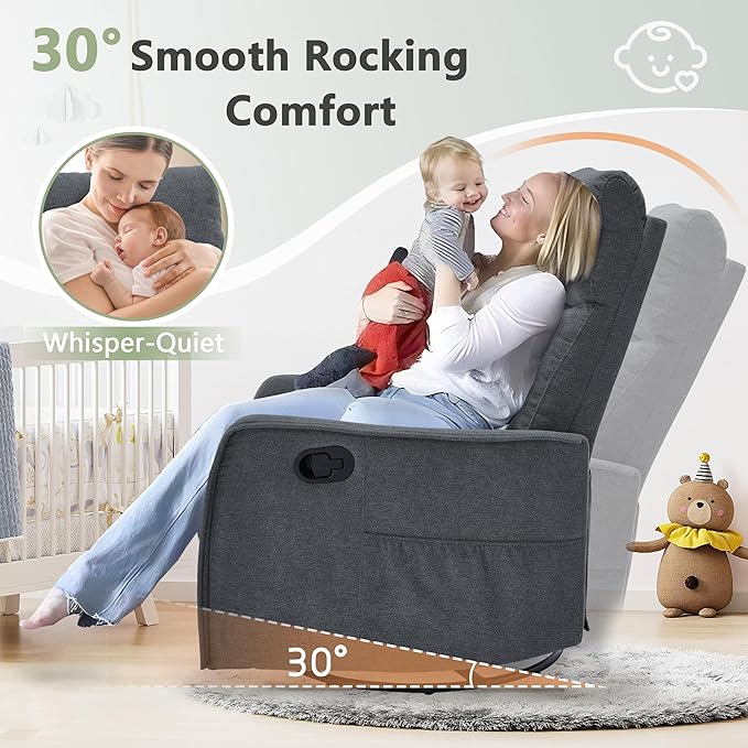 cinkehome Swivel Rocker Recliner Glider Rocker Recliner Chair for Nursery Manual Reclining Chair with Heated Massage Small Spaces Living Room Linen Dark Grey
