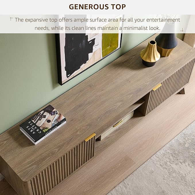 OKD 70 Mid Century Modern Fluted TV Stand Entertainment Center Sideboard Media Console for Living Room with 2 Soft Close Door/Adjustable Shelves (Alder Grey)