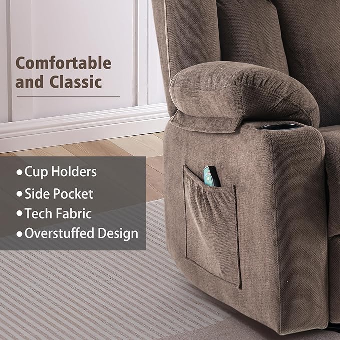 Rocker Swivel Recliner Chair for Adults Overstuffed Large Manual Recliner Glider with Massage and Heat Comfy Soft Fabric Living Room Reclining Sofa Chair (Warm Cocoa)
