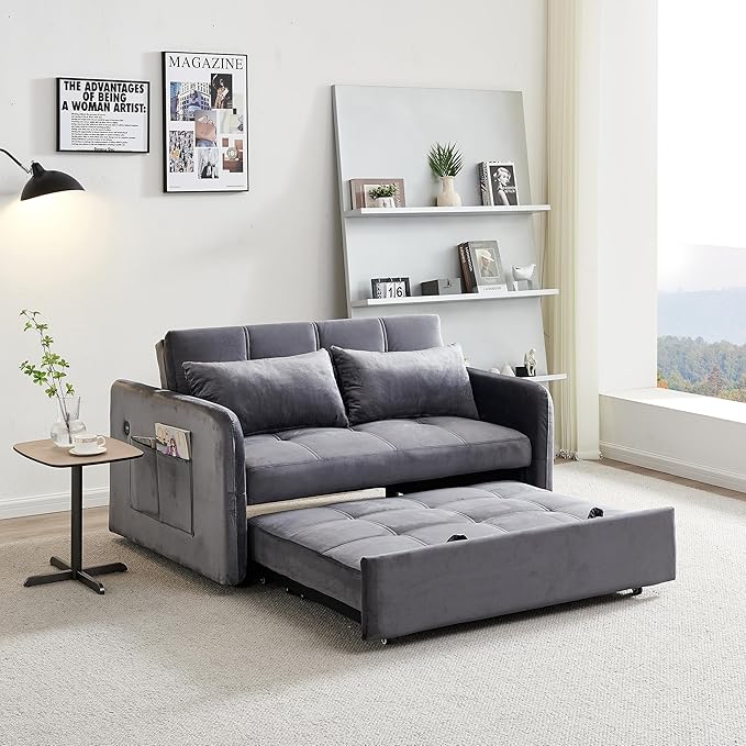 55.5 Velvet Convertible Sofa Bed Pull Out Sleeper Sofa Bed Loveseat Couch with USB Charging Ports 3 in 1 Convertible Sleeper Sofa Bed for Living Room Apartment Bedroom RV Grey
