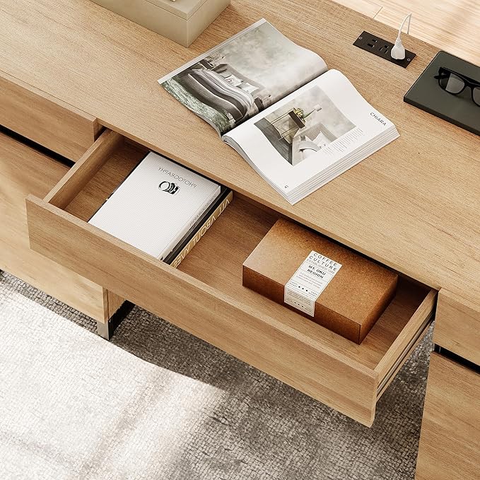 WAMPAT 59 Modern Executive Desk with Drawers Home Office Computer Desk with Charging Station File Drawer Storage Cabinet Wood Writing Desk for Work and Study Oak