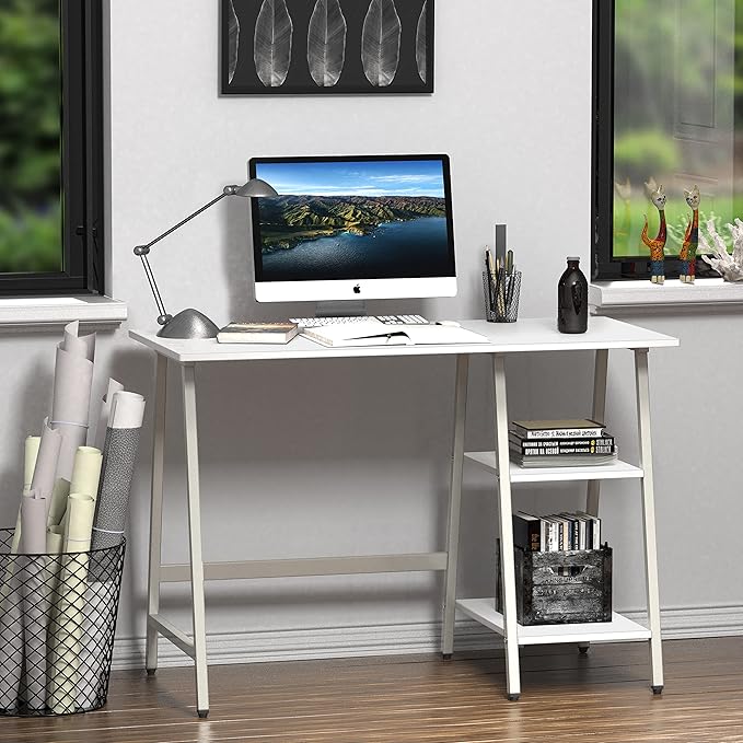 SHW 43-Inch Home Office Trestle Computer Desk with Open Storage Shelves White