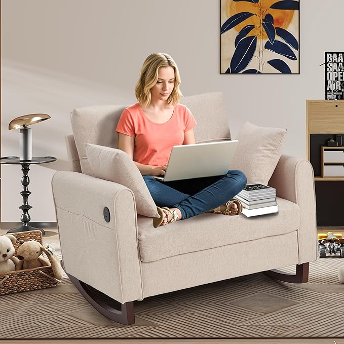 HOMREST Rocking Chair Upholstered Nursery Rocking Chair with High Back and Side Pocket USB Port Double Wide Rocker Glider Chairs with Wood Legs for Living Room Bedroom Nursery Beige