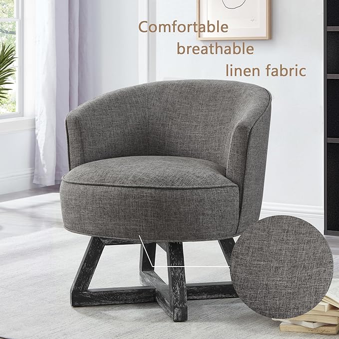 360°Swivel Accent Chair Farmhouse Retro Dressing Chair Linen Fabric Upholstered Reading Chair with Wood Base Bucket Chair for Living Room Bedroom Office Dresser (Dark Gray)