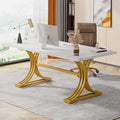 Tribesigns 63-Inch Large Office Desk Modern Rectangular Executive Desk with Stylish Gold Legs Wood Faux Marble Table Business Furniture for Home Office White and Gold
