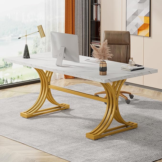 Tribesigns 63-Inch Large Office Desk Modern Rectangular Executive Desk with Stylish Gold Legs Wood Faux Marble Table Business Furniture for Home Office White and Gold