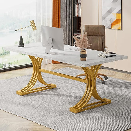 Tribesigns 63-Inch Large Office Desk Modern Rectangular Executive Desk with Stylish Gold Legs Wood Faux Marble Table Business Furniture for Home Office White and Gold
